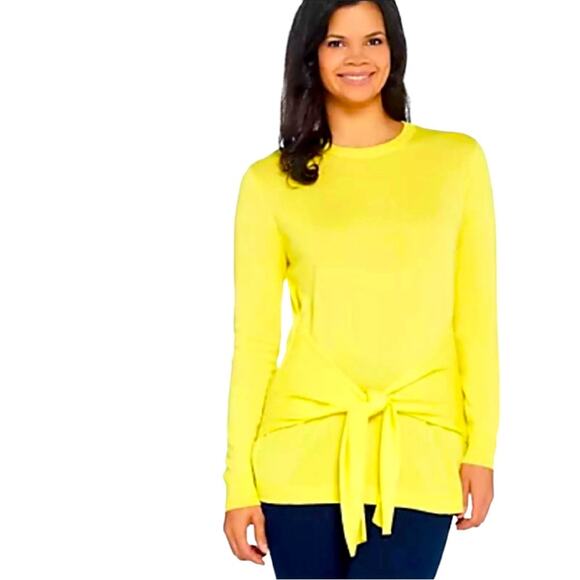 NWT VINCE CAMUTO Bright Yellow Lightweight Tie Waist Crew Neck Sweater Women’s - Picture 1 of 8